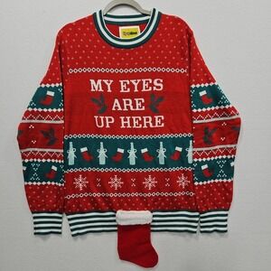 Tipsy Elves My Eyes Are Up Here Mens Size XL Beer Holder Christmas Ugly Sweater